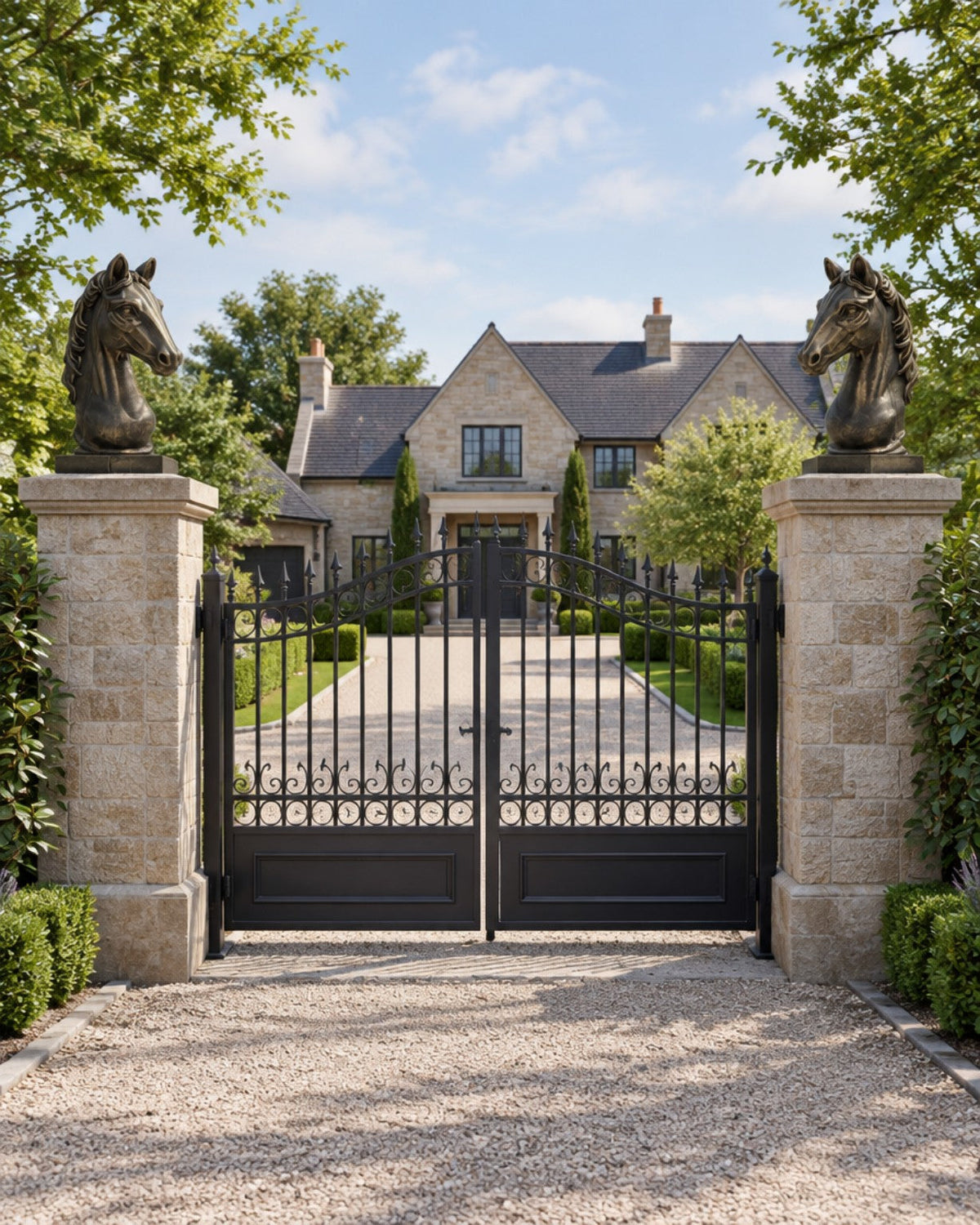 Imperial Stallion horse busts styled at a driveway entrance