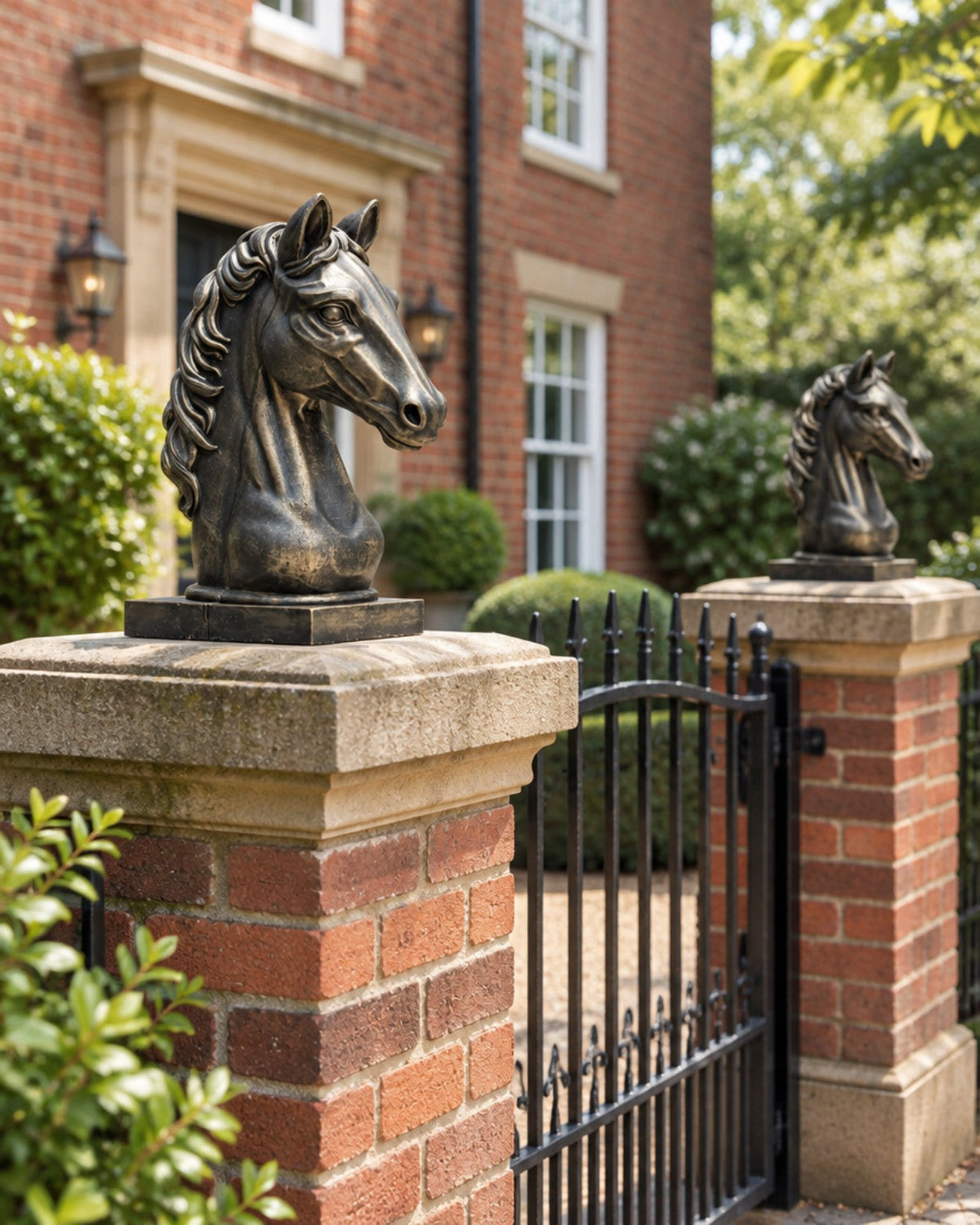 Concrete Imperial Stallion horse busts on decorative pillars