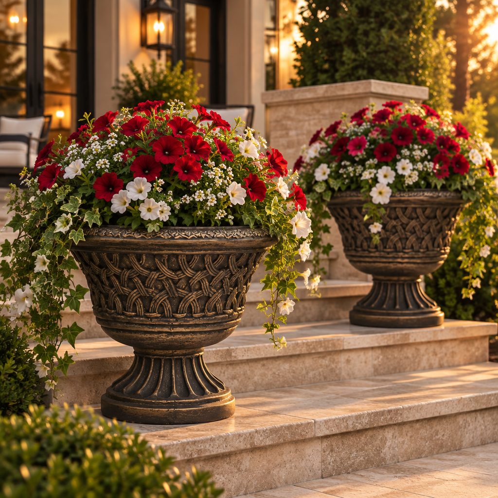 Traditional low wide outdoor urn planter for flowers and trailing plants