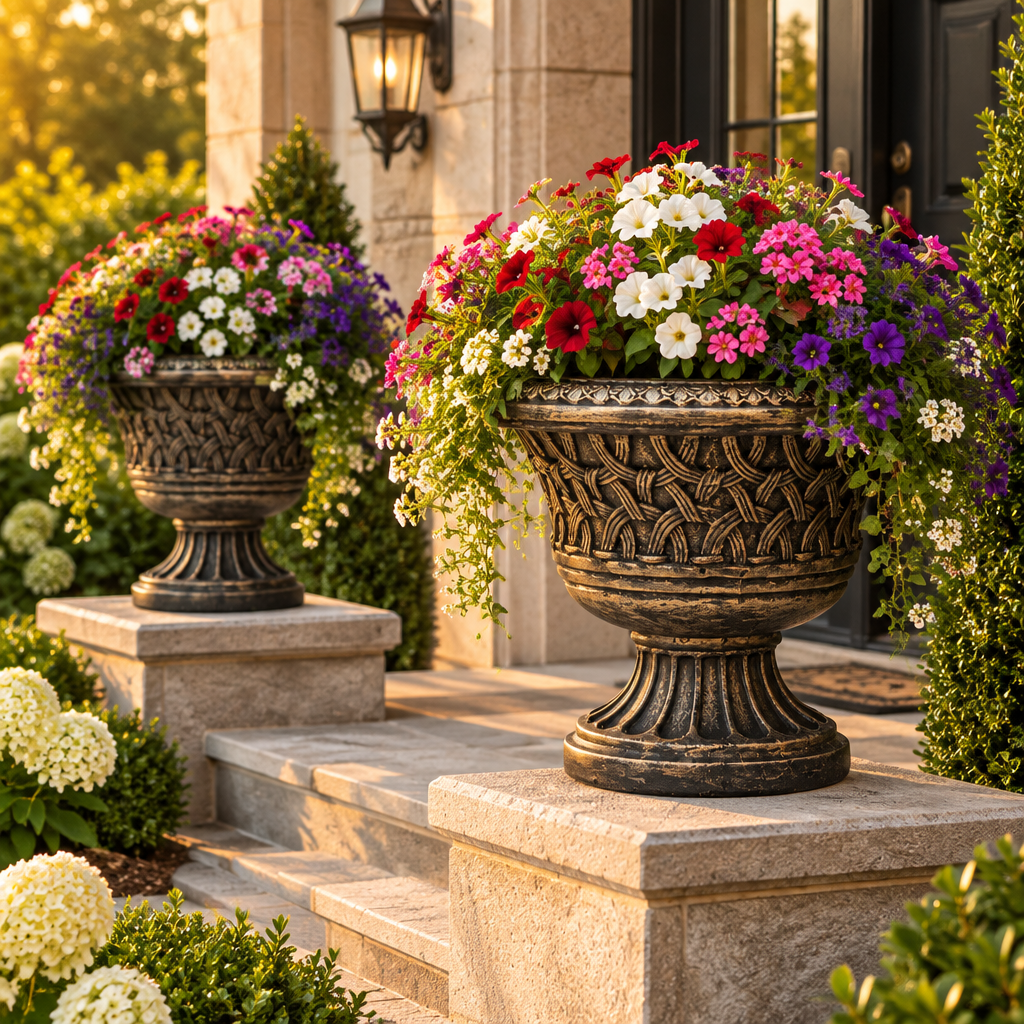 Low bowl pedestal garden urn planter with ornate woven-style decorative detailing