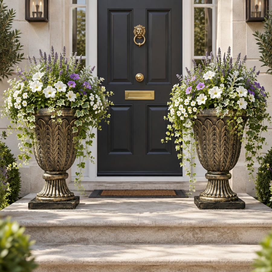 Imperial Estate urn planters with white and purple cascading flowers at a luxury entrance