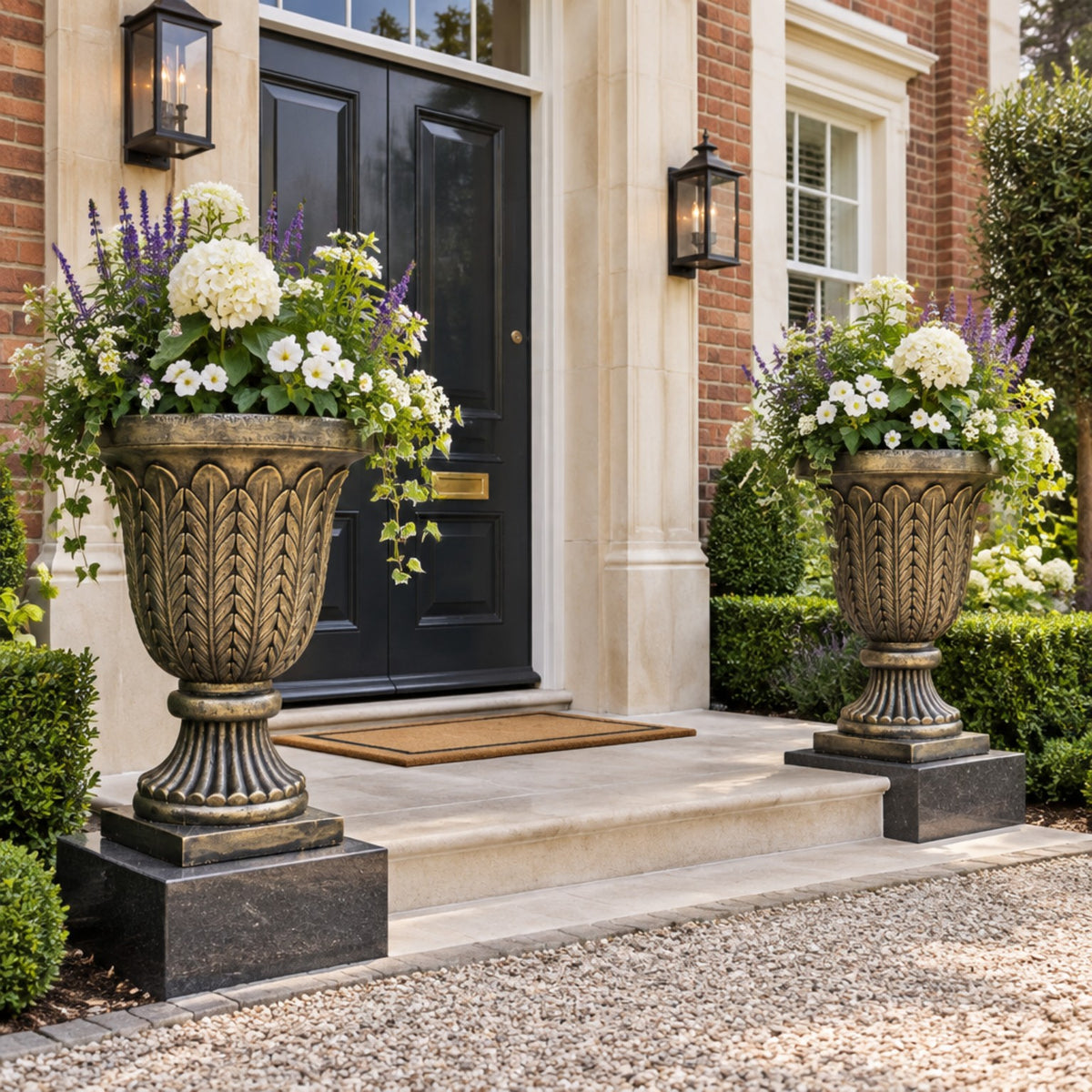 Imperial Estate urn planters with white flowers at a British home entrance