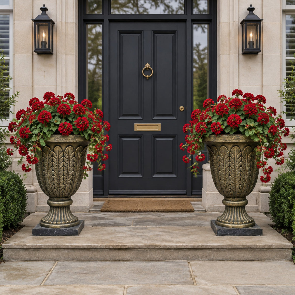 Imperial Estate urn planters with red cascading flowers at a front entrance