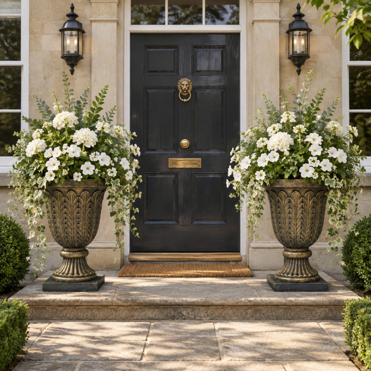 Imperial Estate urn planters with white cascading flowers framing a front door