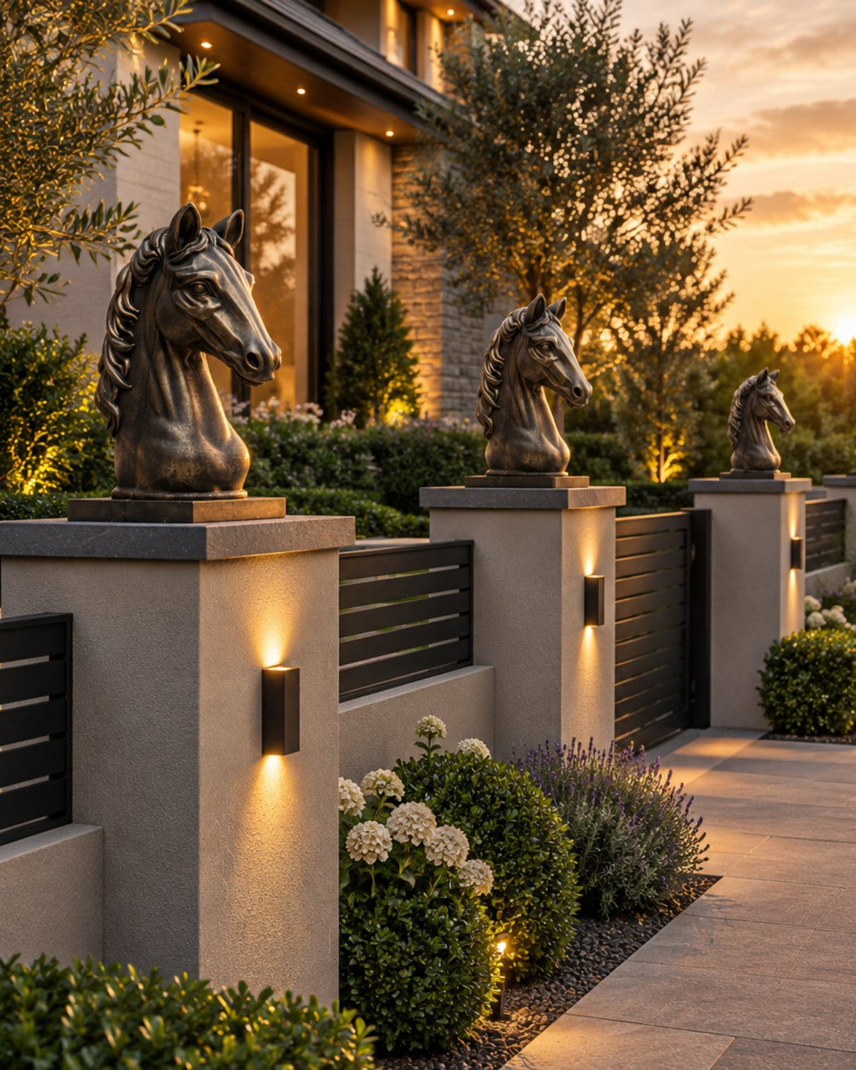 Imperial Stallion concrete horse bust displayed on entrance pillars