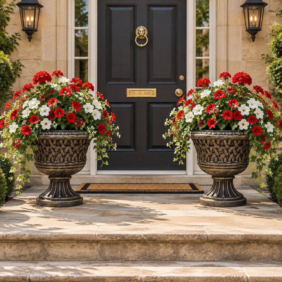 Pair of low wide ornate garden urn planters for a doorway or garden entrance