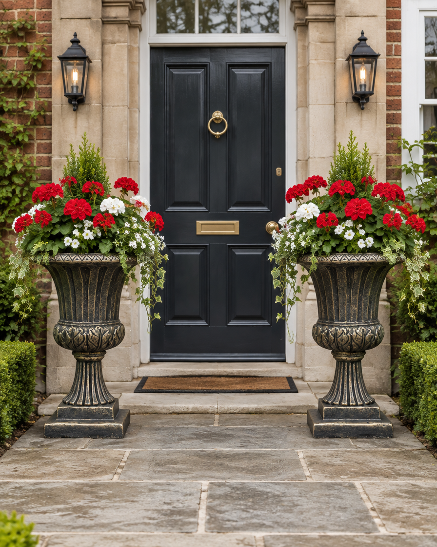Pair of decorative fluted garden urn planters for a symmetrical front door display