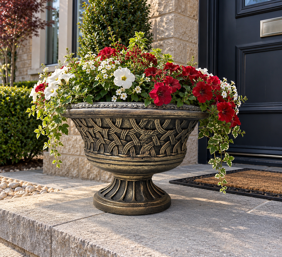 PELUNO low wide ornate garden urn planter with woven-style relief and pedestal base