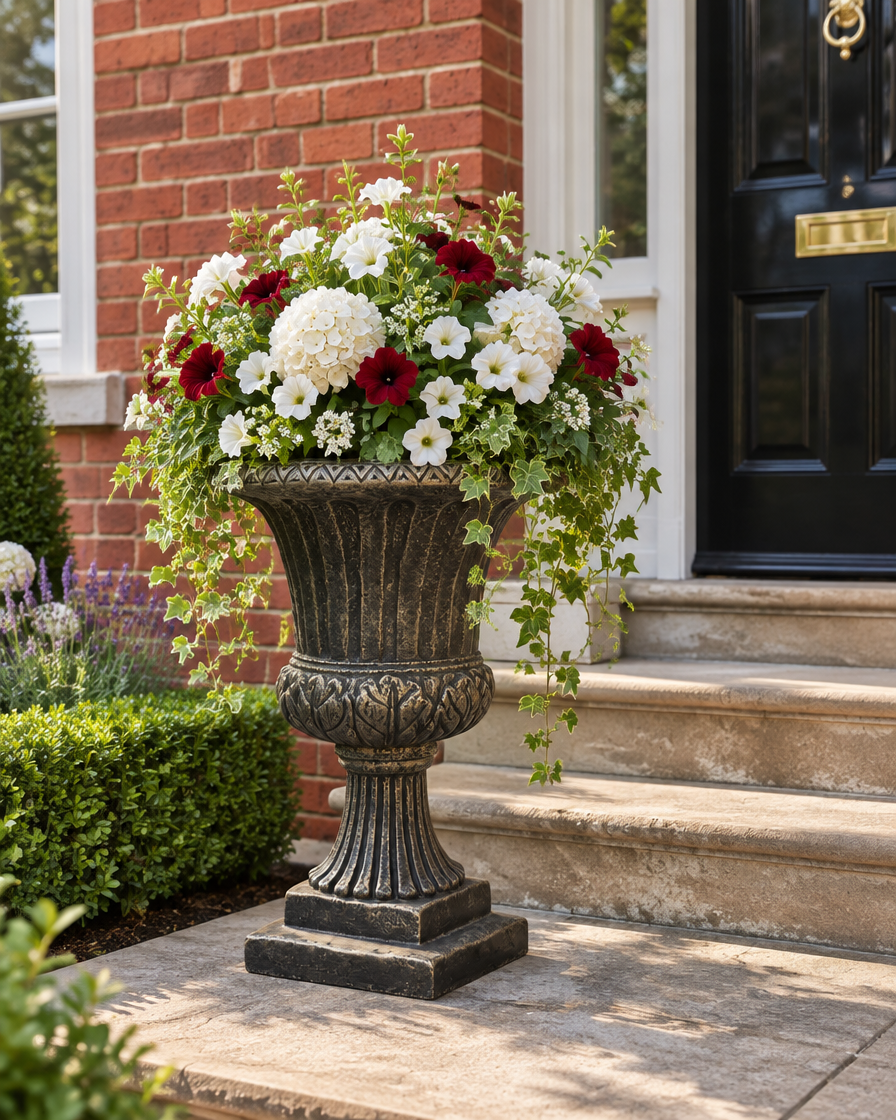 PELUNO decorative fluted garden urn planter styled for an outdoor entrance display