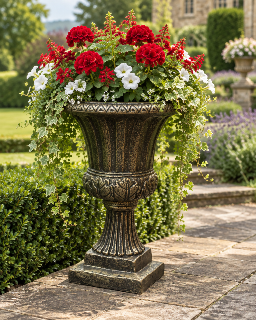 Decorative tall fluted garden urn planter for an entrance, patio or outdoor flower display